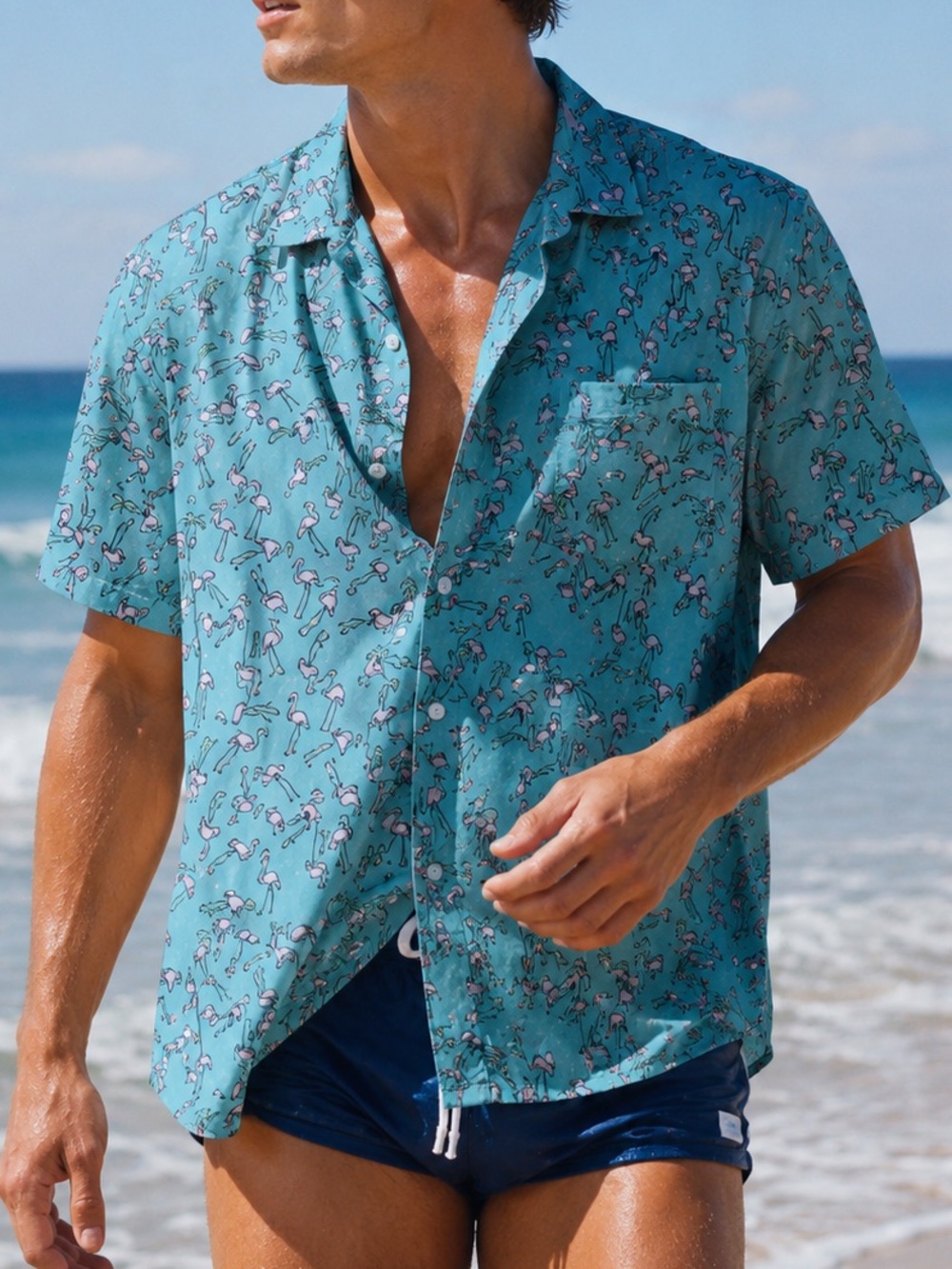 Original Deluxe Supply Blue Flamingos Cabana Resortwear Retro Shirt Mens Large